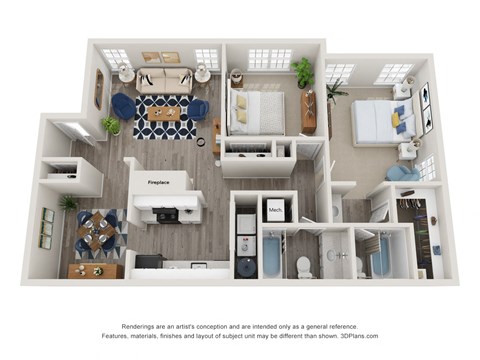 Floor plan for 2 beds, 2 baths, 1100 sqft